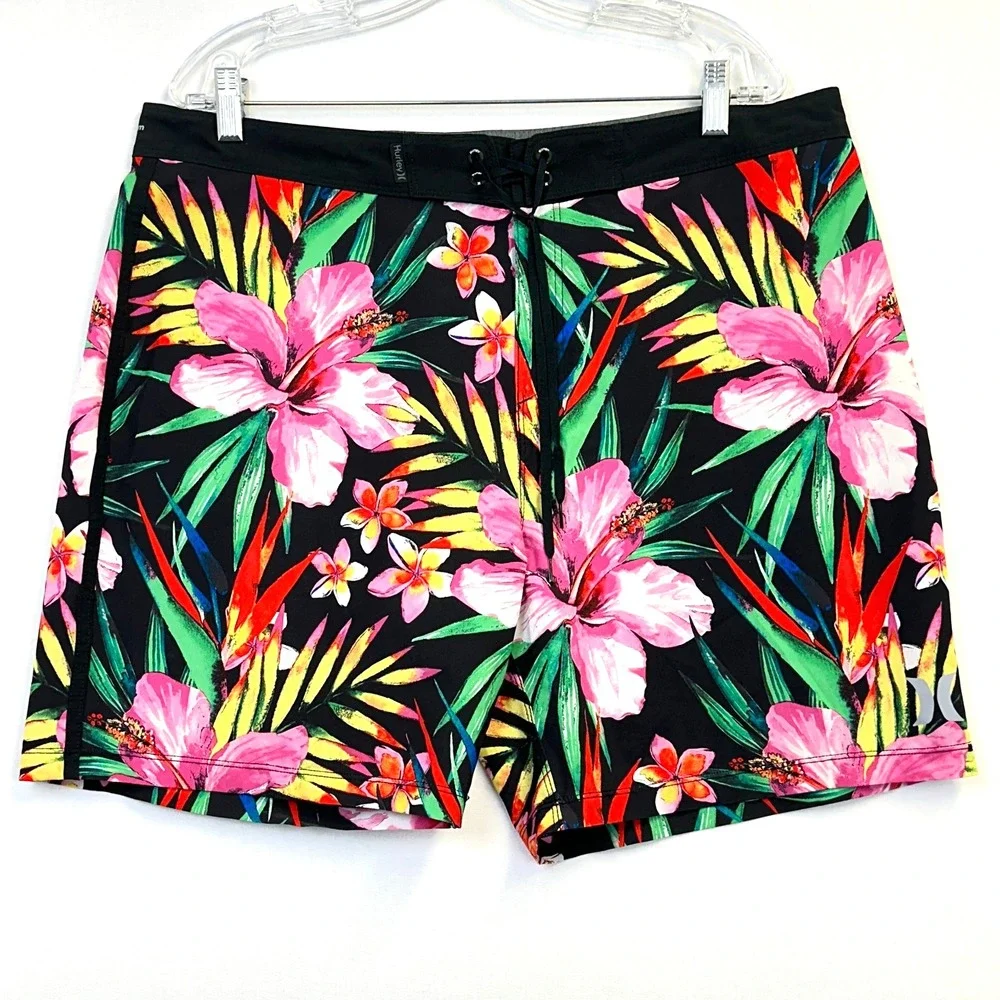 Hurley Board Shorts Mens Large 36 Black Pink Tropical Hawaiian Phantom Trunks